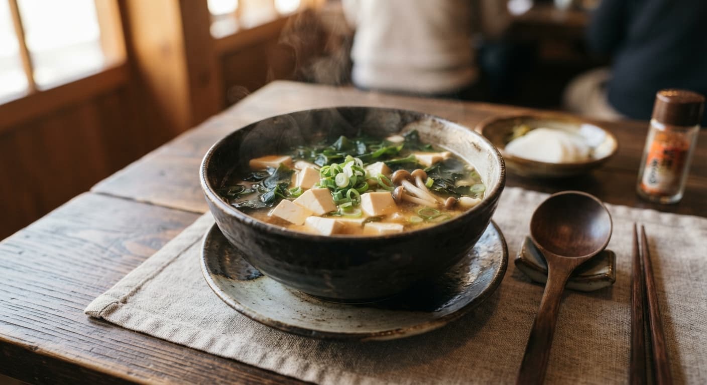 Vegetarian Japanese Miso Soup with Tofu and Wakame