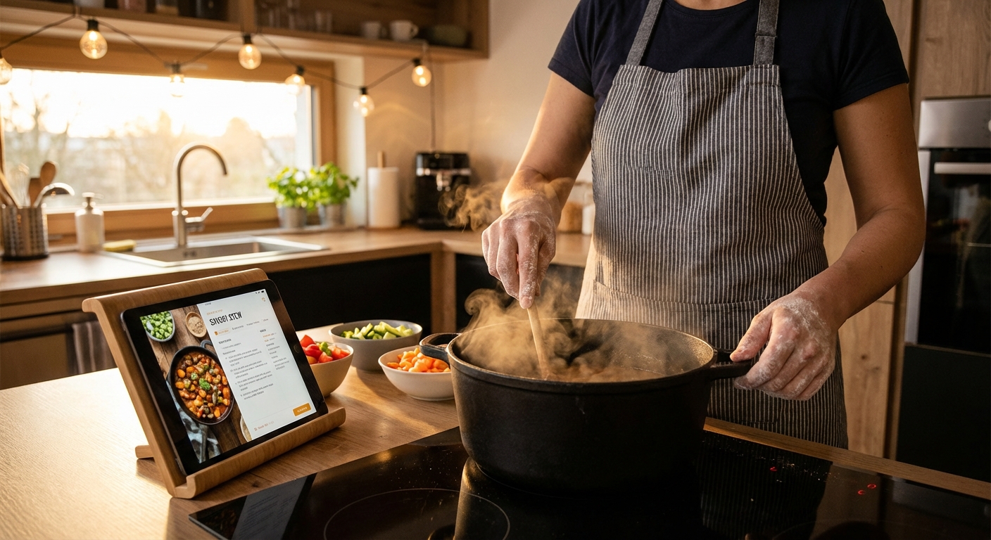 Cooking hands-free with a recipe on a tablet while flour covers your hands